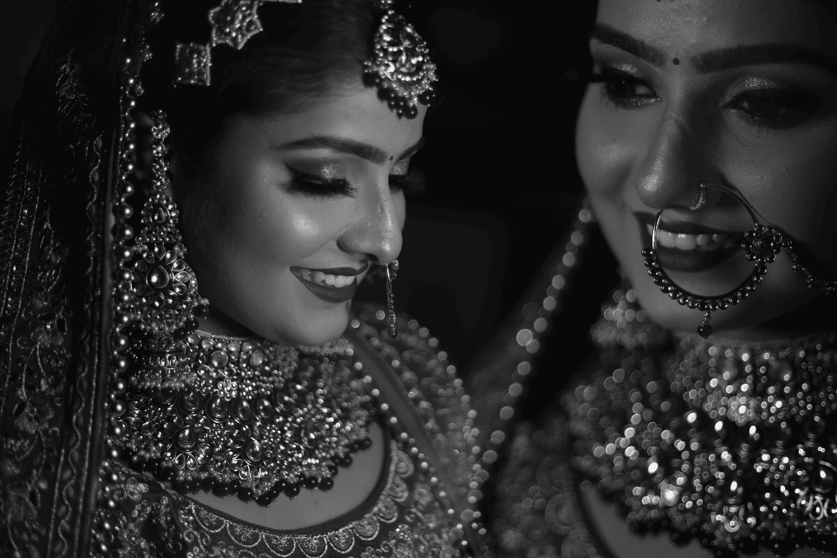 Stunning black and white bridal portrait captured during wedding photoshoot in Delhi