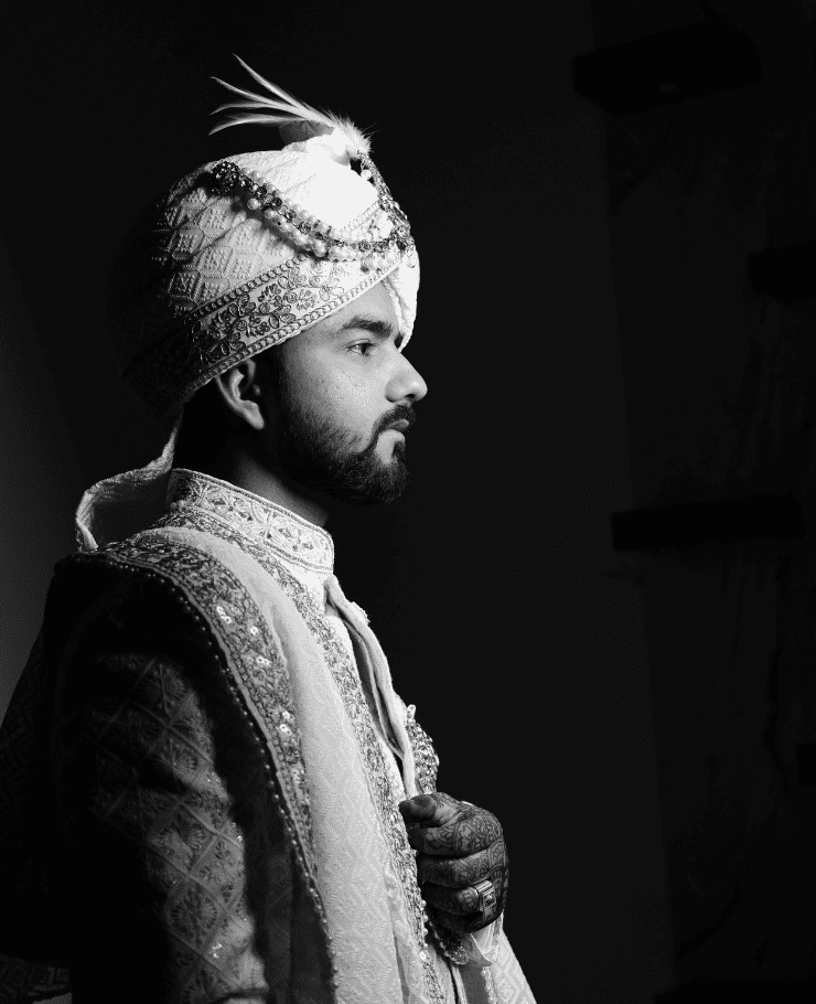  Elegant groom photo in black and white – professional wedding photography in Delhi