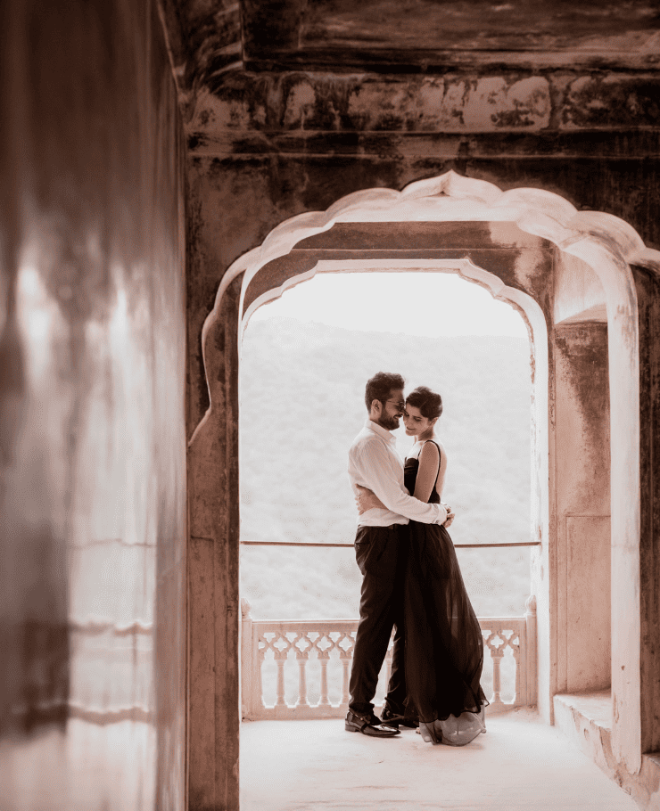 Romantic couple pose captured during pre-wedding shoot in Jaipur by SK Digital Photo Studio
